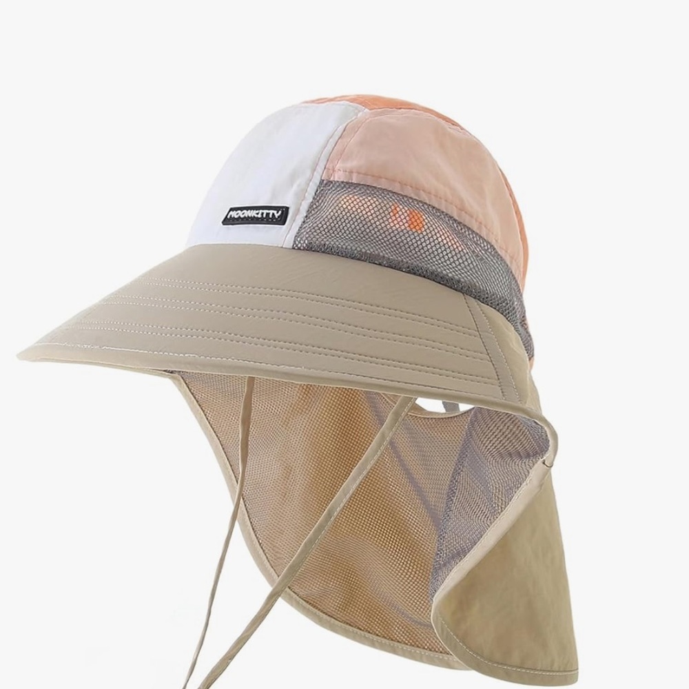 Moon Kitty Kids Sun Hat with Neck Flap - Beige, White, and Orange - Picture 7 of 11